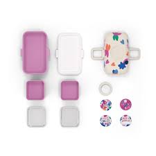 Todos os componentes da lancheira Monbento MB Tresor Catimi pink desconstruídos e organizados, mostrando recipientes e tampas.
