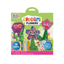 Embalagem do kit de origami "Basic Craft Origami Flowers", com foco nas flores criadas, incluindo 18 folhas e acessórios como olhos móveis.