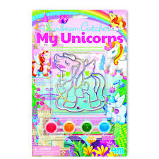 Embalagem do kit "Sunbeam Catcher My Unicorns" da marca 4M, mostrando um unicórnio pintado e as tintas incluídas.