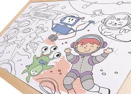 Detalhe do Hape Puzzle de madeira Amigos no espaço em branco e preto, mostrando astronautas, alienígenas e elementos espaciais para colorir.
