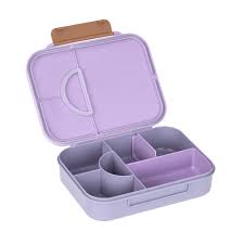 Lancheira Lassig Lunchbox Heart Purple aberta, mostrando todos os compartimentos internos e o recipiente para líquidos.