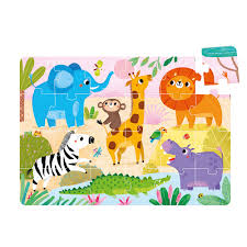 Puzzle Banana Panda Primeiro Jumbo Safari totalmente montado, com a ilustração completa de animais da savana e uma peça avulsa.