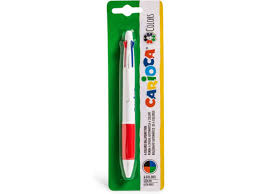 CARIOCA Caneta 4 Cores em blister, destacando o design branco com pega vermelha e as quatro cores de tinta.