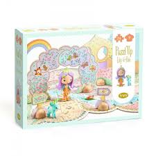 Caixa do puzzle Tinyly Puzzl´Up Lily and Polo da Djeco, mostrando a elfa Lily e o veado Polo num cenário de puzzle montado com arco-íris e elementos verticais.