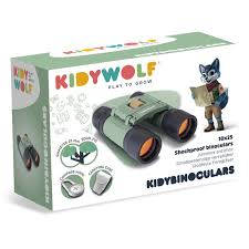Embalagem detalhada dos binóculos Kidywolf Verde, destacando características como 'Shockproof', ampliação 10x25 e bolsa de transporte.
