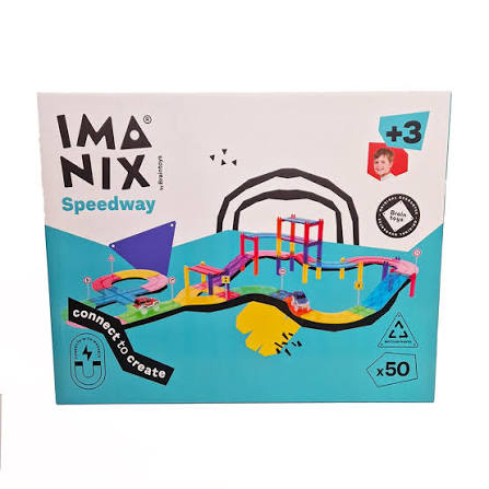 Jogo de blocos magnéticos Imanix Speedway com peças coloridas e carro de corrida.