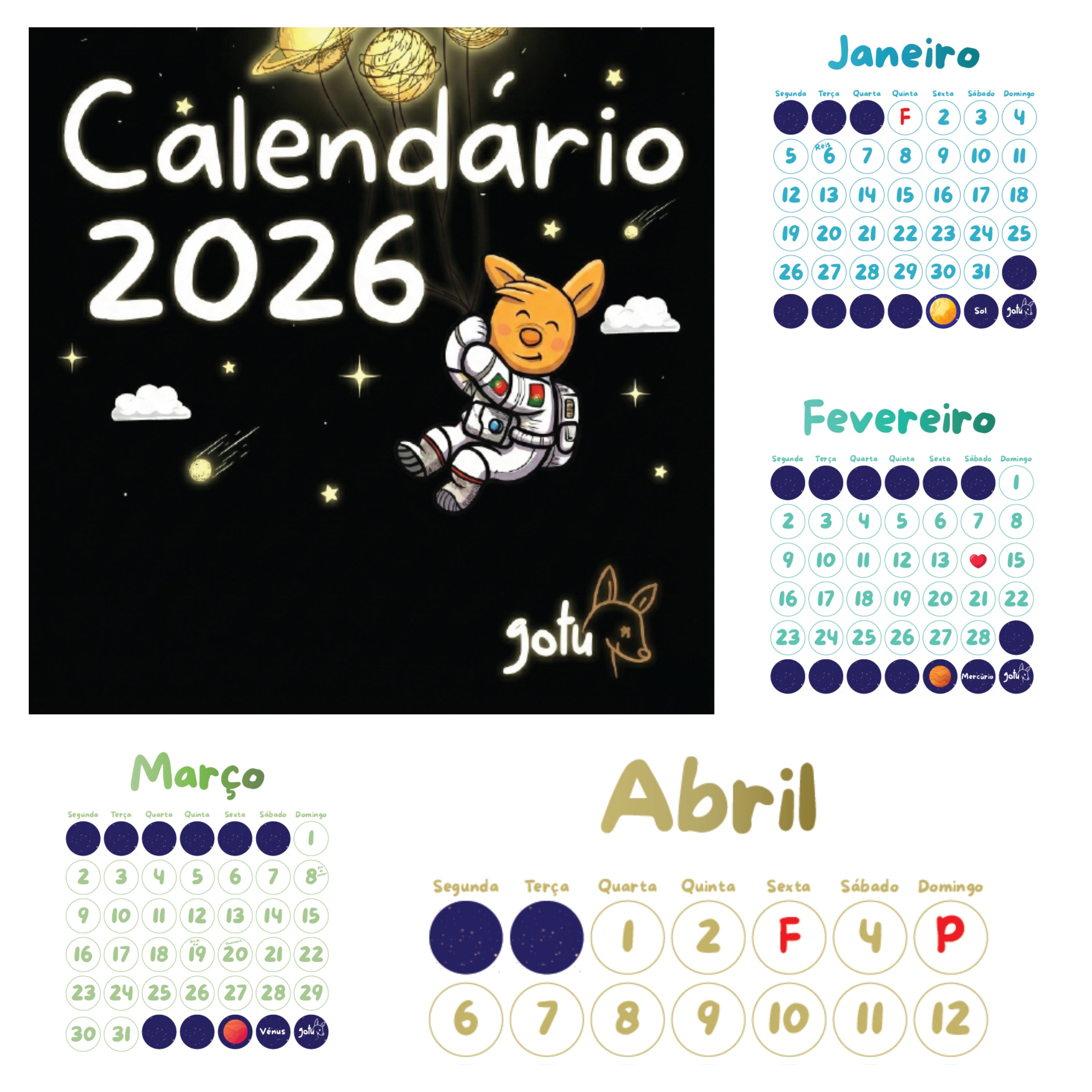 Capa do Calendário 2026 Gotu com ilustração de um personagem astronauta a flutuar no espaço, mostrando os meses de Janeiro e Fevereiro ao lado.