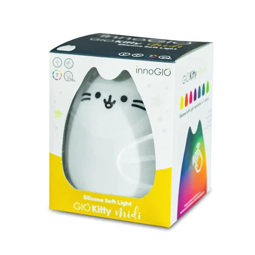 Caixa de embalagem da luz noturna de silicone InnoGio GIO Kitty MIDI em forma de gato, mostrando o design e as cores disponíveis.