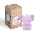 Chaveiro InnoGio em silicone lilás com formato de elefante, ao lado da sua embalagem de cartão castanho.