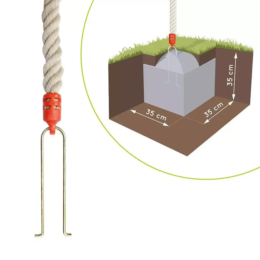 Detalhe da instalação da corda com nós, mostrando o kit de ancoragem para fixação segura ao solo.