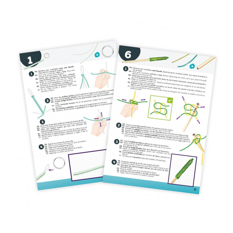 Duas páginas de instruções passo a passo com diagramas para técnicas de tecelagem Scoubidou, apresentadas em inglês, francês e alemão.