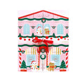 Calendário de Advento Inuwet em forma de castelo rosa natalício, com laço vermelho e figuras kawaii de boneco de neve e quebra-nozes.