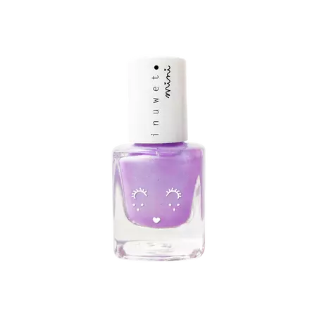 Frasco de verniz de água Inuwet Mini cor roxo lavanda com design de rosto de unicórnio.
