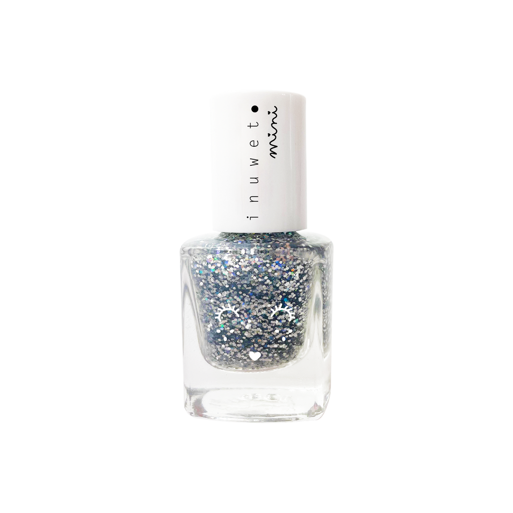 Frasco de verniz de água Inuwet Mini com glitter prateado e design de rosto de unicórnio.