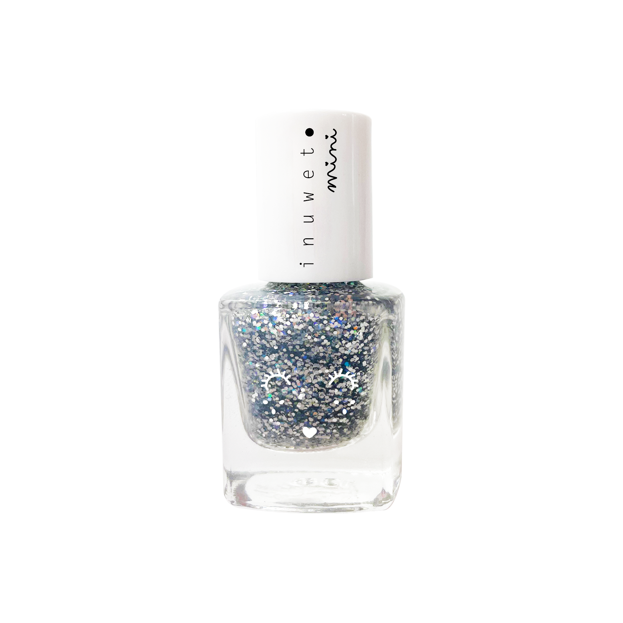 Frasco de verniz de água Inuwet Mini com glitter prateado e design de rosto de unicórnio.