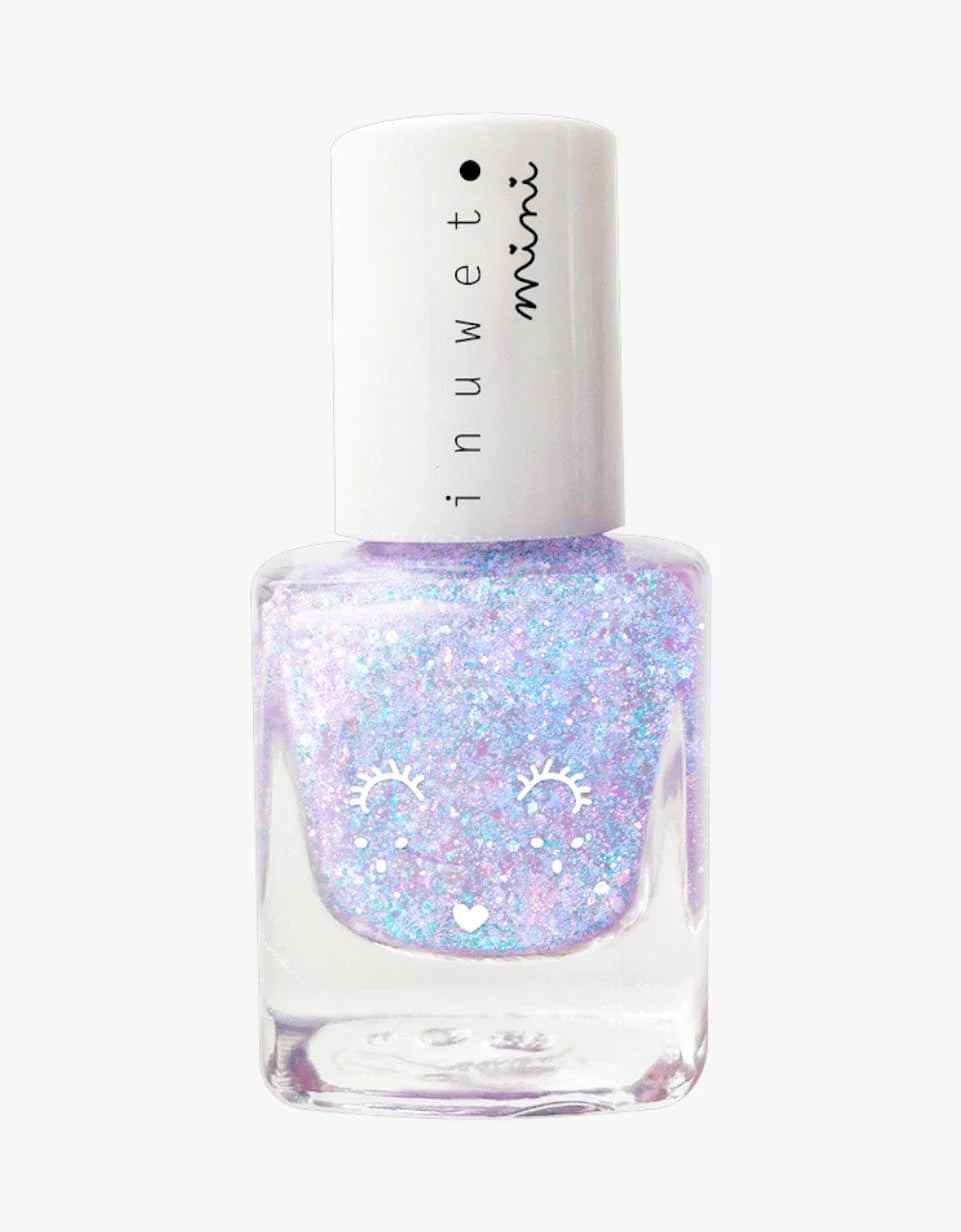 Frasco de verniz de água Inuwet Mini com glitter azul e roxo e design de rosto de unicórnio.