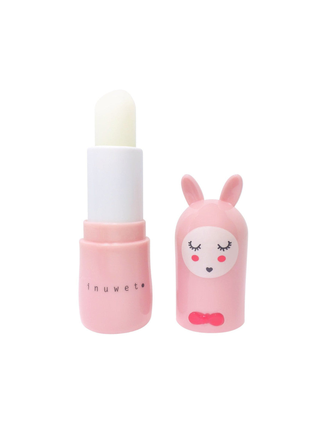 Bálsamo labial Inuwet Bunny rosa claro aberto, com o stick branco, e o coelho com olhos fechados e expressão calma.