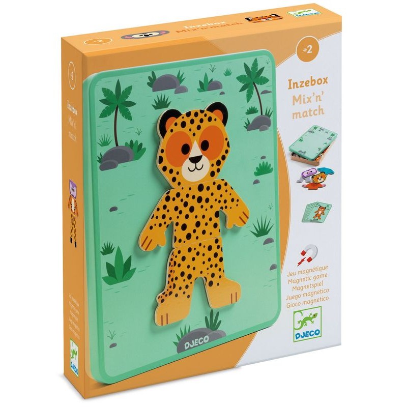 Embalagem do Djeco Jogo magnético Animais Inzebox Mix´n´match, mostrando um leopardo montado na caixa verde, recomendado para +2 anos.