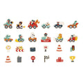 Visão geral dos 24 ímanes de madeira Janod Carros de Corrida, com diferentes designs e elementos para brincar e aprender.