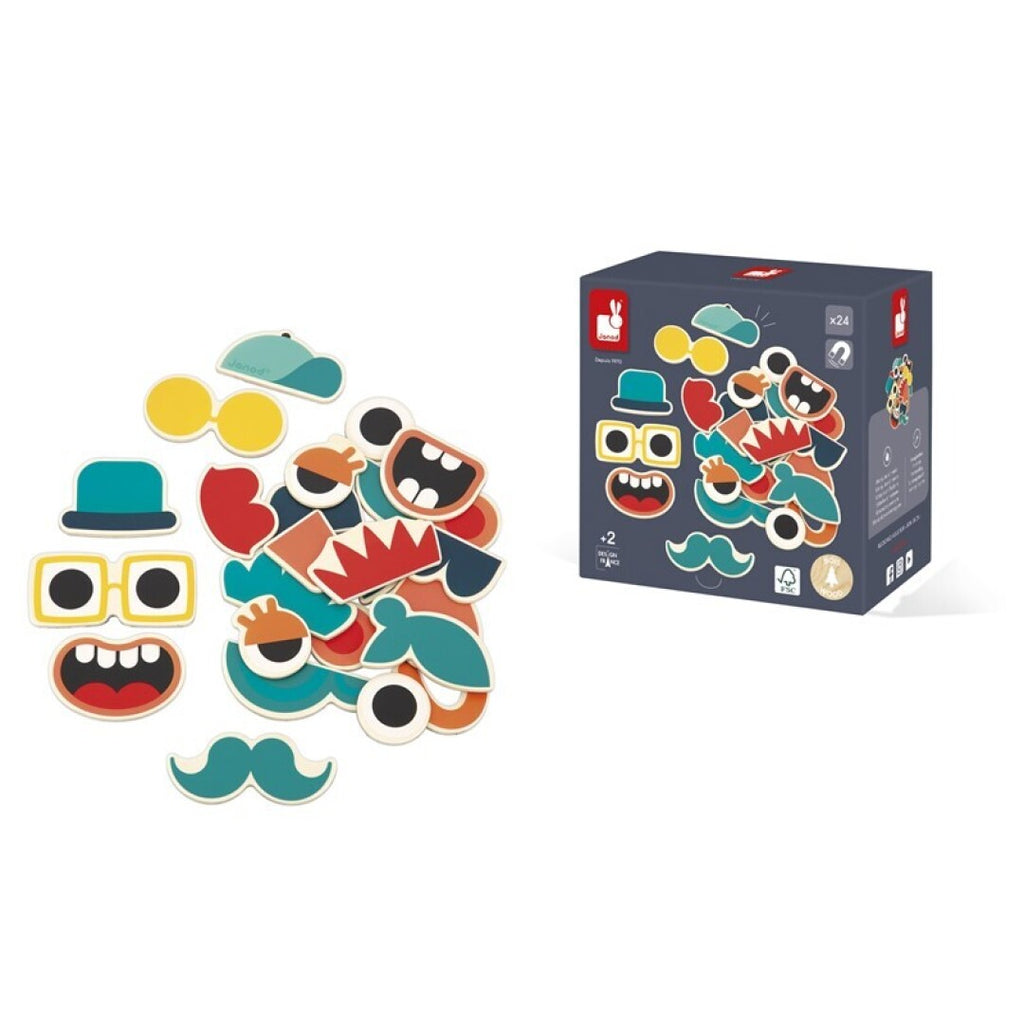 Conjunto Janod de 24 ímanes de madeira para criar caras divertidas, com peças coloridas em destaque.