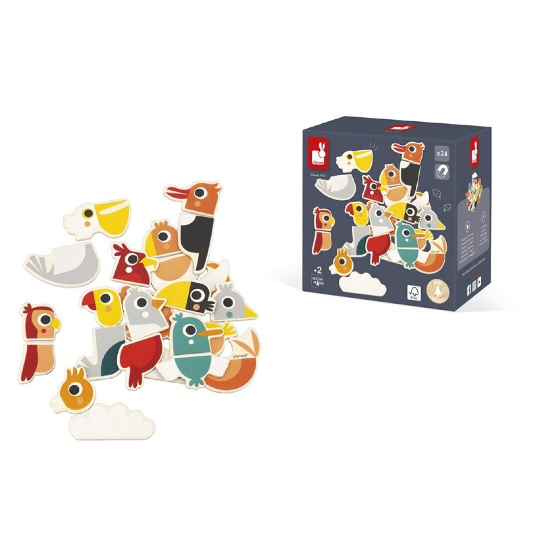Conjunto completo de 24 ímanes de madeira Janod para criar aves, com a caixa do produto ao lado.