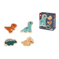 Conjunto de 4 puzzles evolutivos de madeira da Janod com dinossauros coloridos e a respetiva caixa.