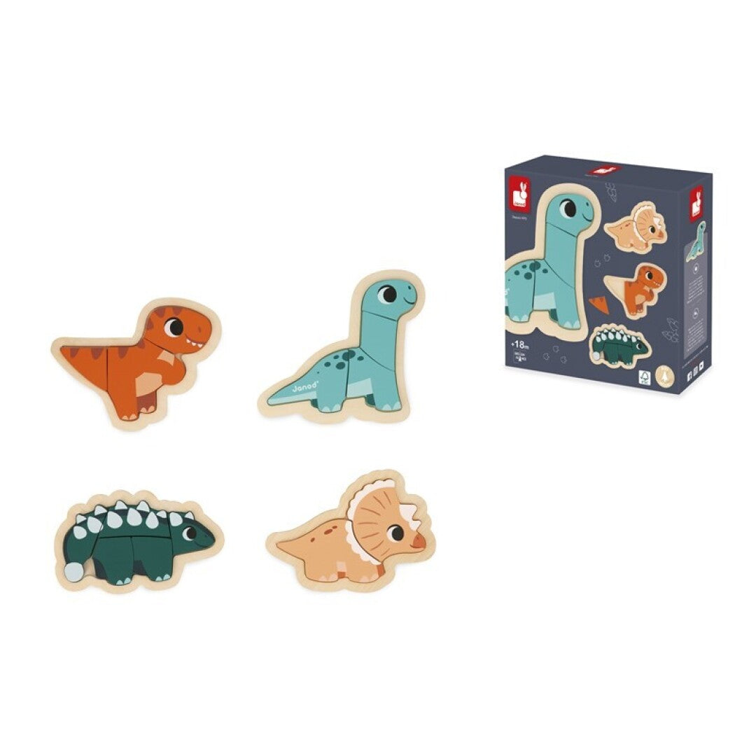 Conjunto de 4 puzzles evolutivos de madeira da Janod com dinossauros coloridos e a respetiva caixa.