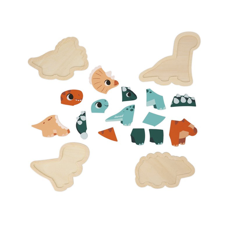 Peças desmontadas dos 4 puzzles de dinossauros de madeira e as respetivas bases de encaixe.