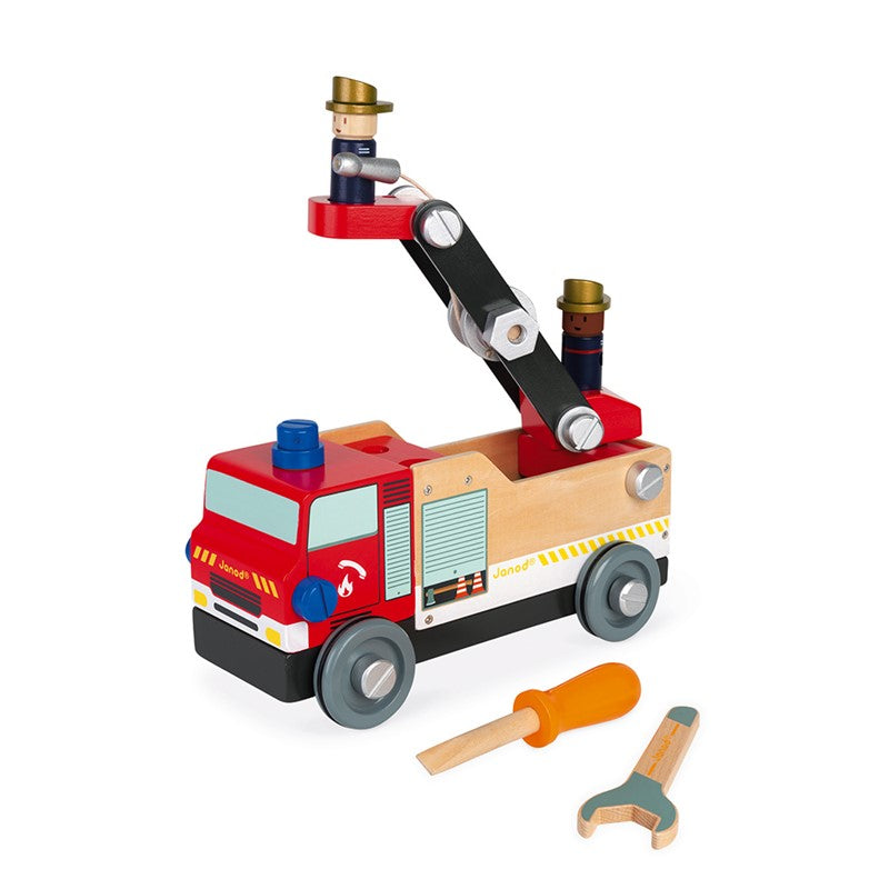 Janod Camião dos bombeiros 2 em 1 de madeira FSC, mostra caixa e camião montado com figuras.
