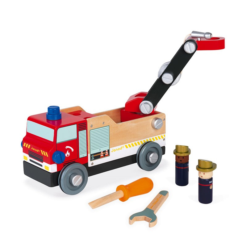 Janod Camião dos bombeiros 2 em 1 de madeira com escada recolhida, figuras e ferramentas de construção.