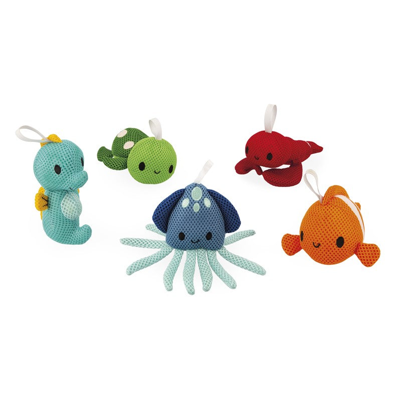 Conjunto de 5 esponjas de banho JANOD em forma de animais marinhos (foca, baleia, polvo, tartaruga, estrela do mar) sobre fundo branco.