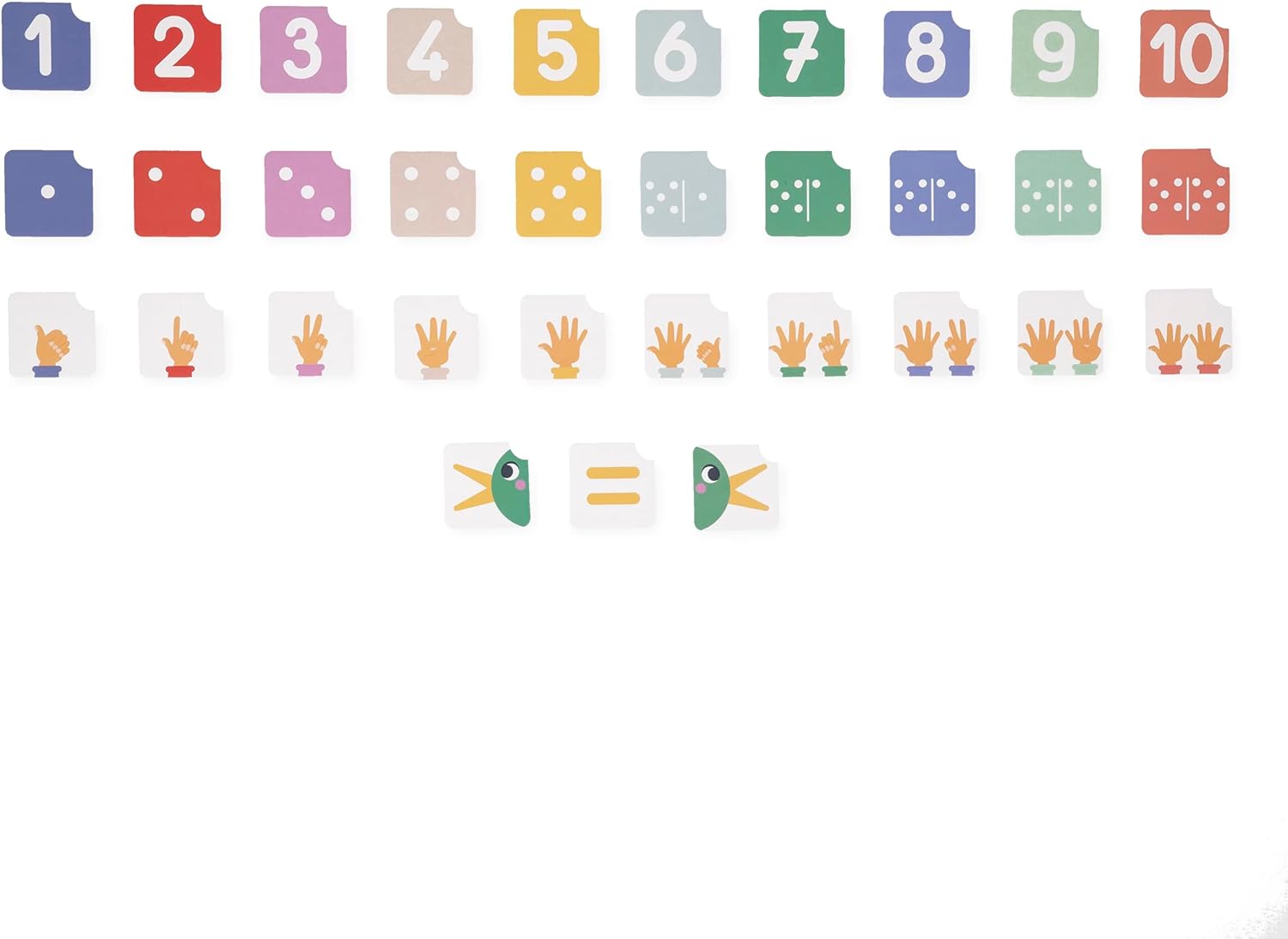Conjunto de cartões de jogo Janod com números de 1 a 10, representações em dados, dedos das mãos e símbolos de comparação.