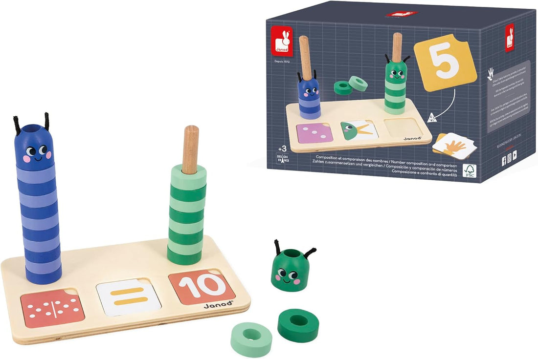 Janod Jogo de Matemática para comparação de números com base de madeira, lagartas e caixa.