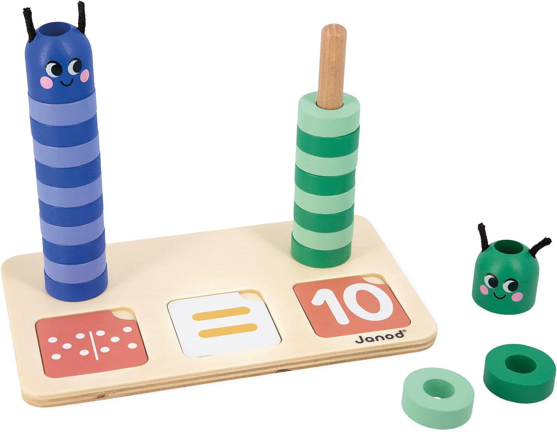Janod Jogo de Matemática para comparação de números com base de madeira, lagartas e caixa.