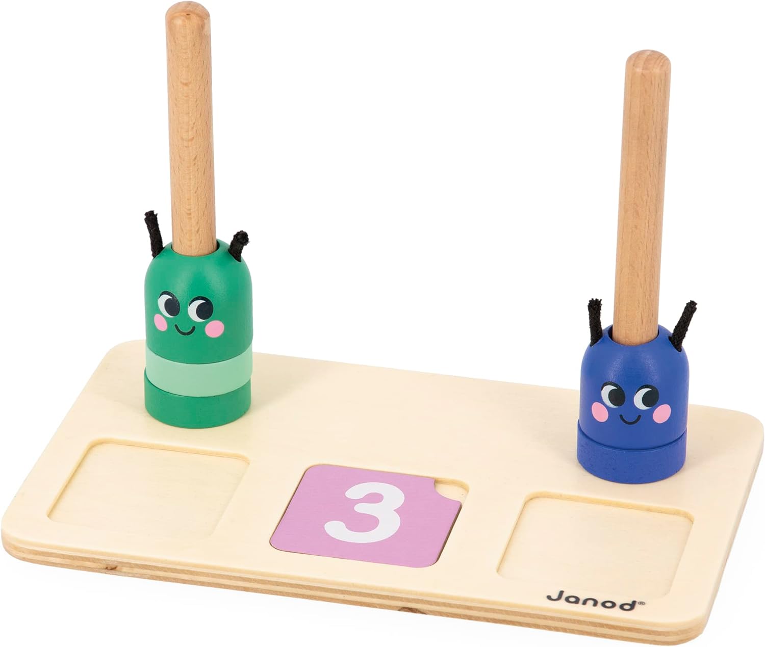 Jogo Janod com lagartas representando número 3 e cartão de comparação.
