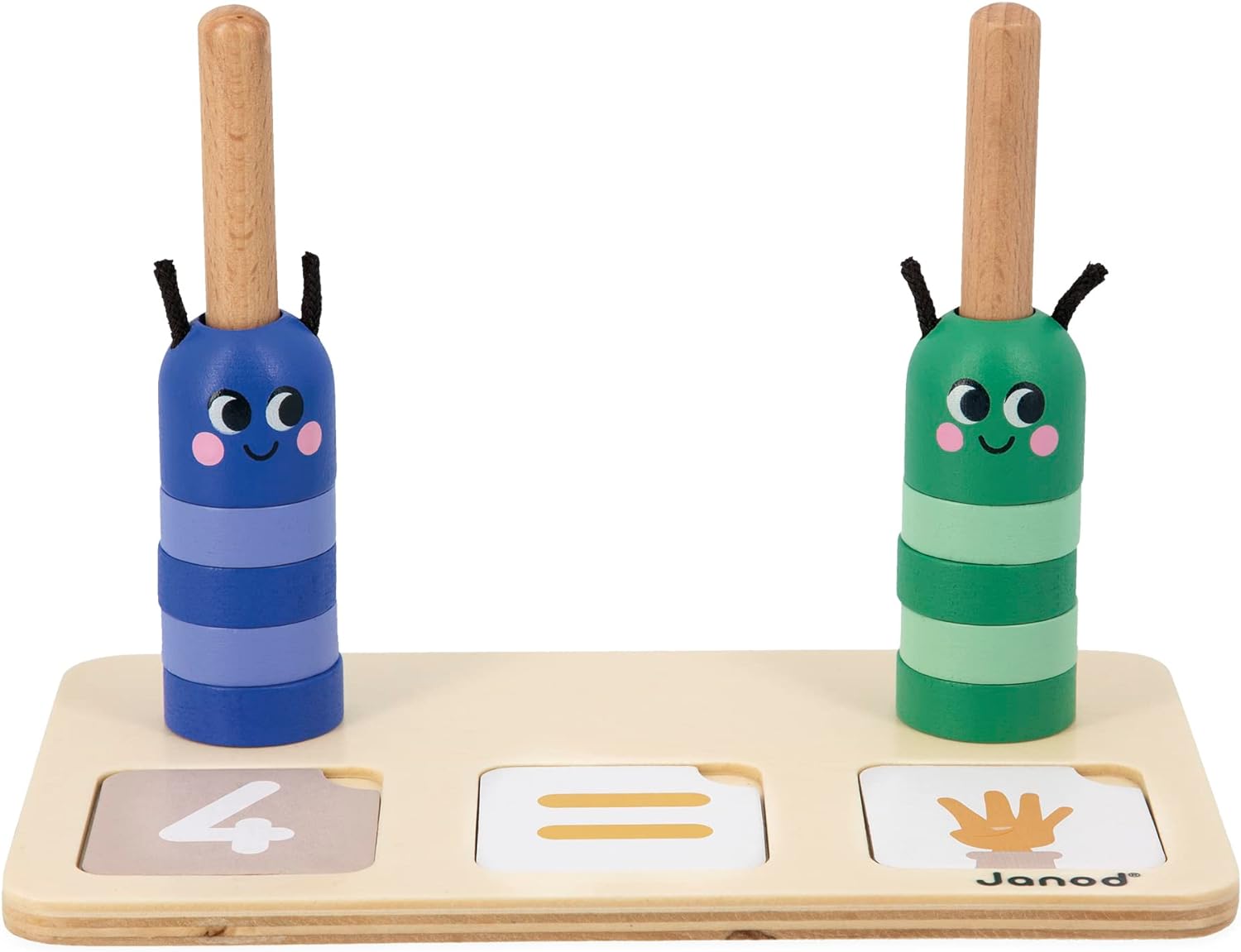 Jogo Janod com lagartas representando números 4 e 4 usando cartões de mãos.