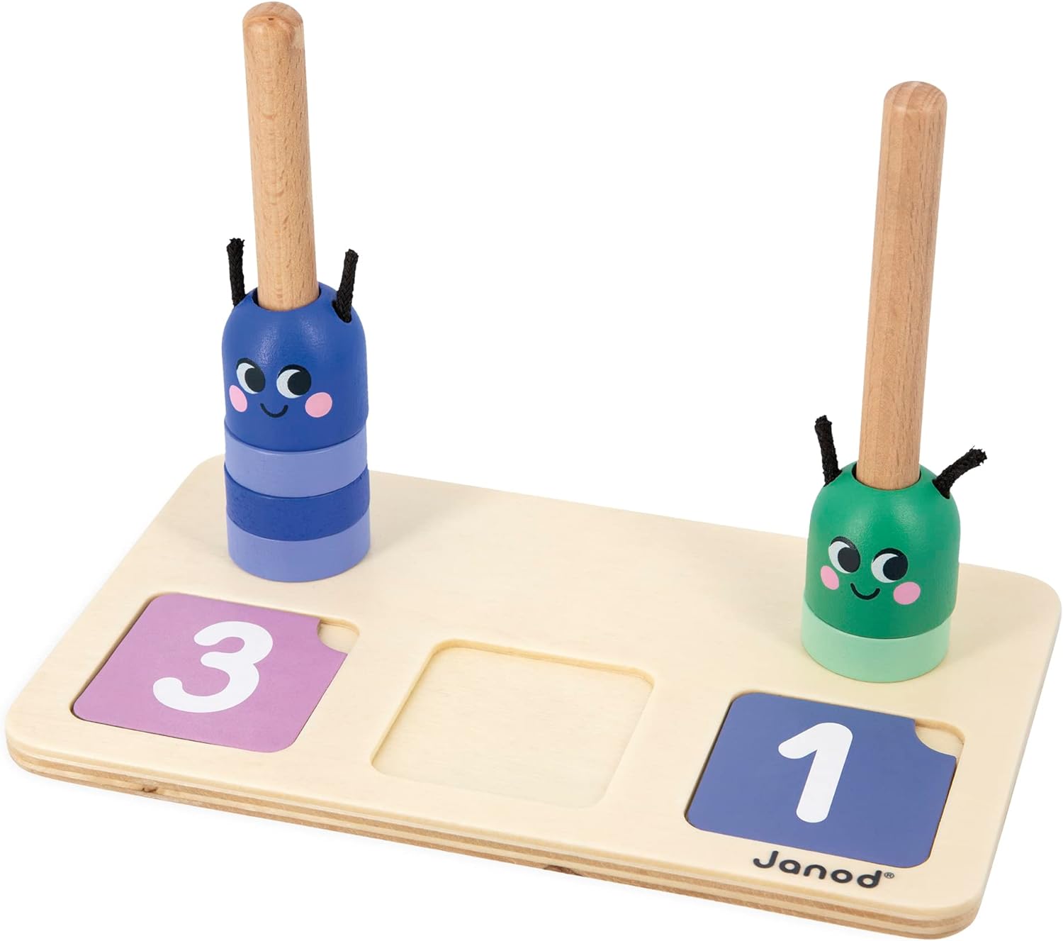 Jogo Janod com lagartas representando números 3 e 1, com cartões correspondentes.