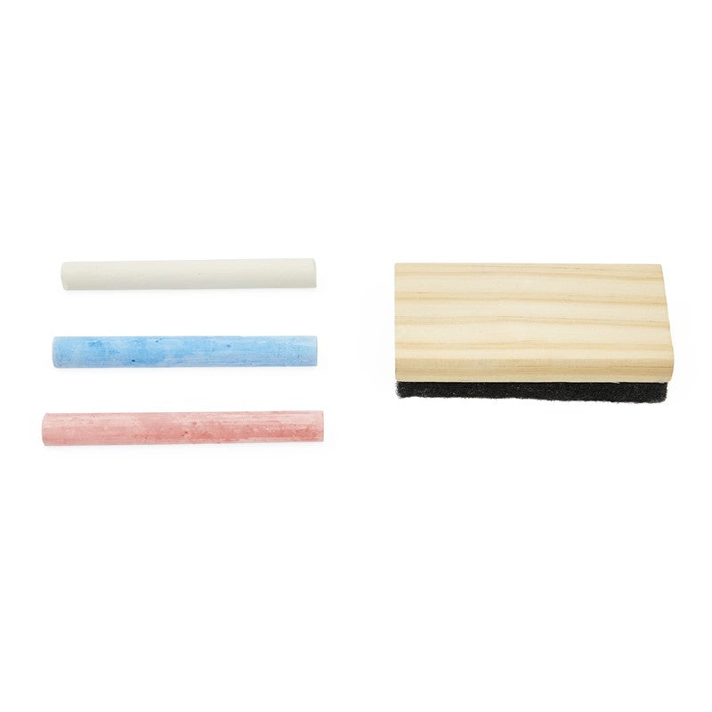 Vista lateral do quadro de ardósia Janod, destacando o pé de apoio traseiro dobrado para facilitar o transporte e arrumação.