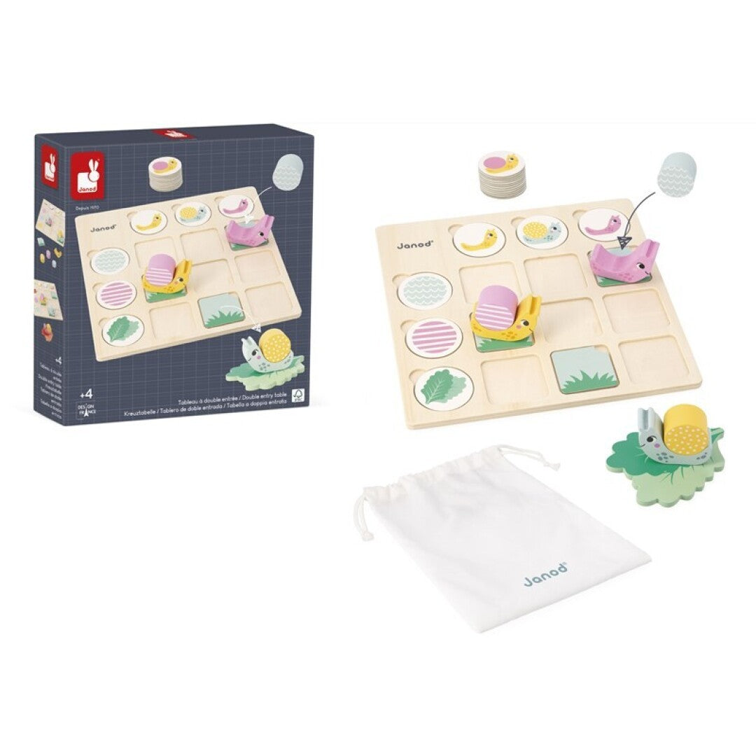 Jogo Janod Tabela de dupla entrada com caixa e peças de caracóis, conchas e folhas.