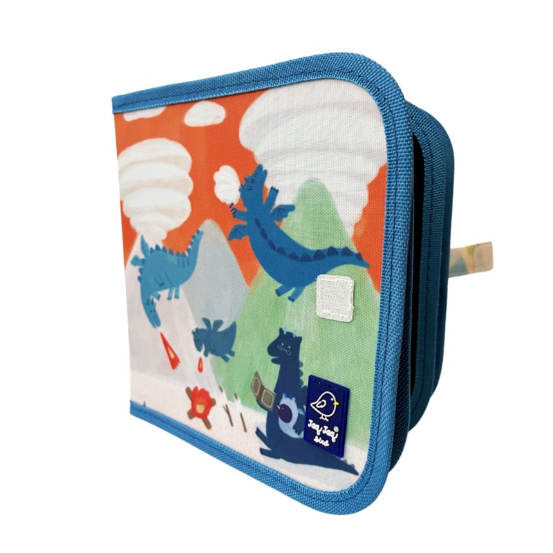 Conjunto completo do produto: Livro de ardósia Jaq Jaq Bird "Dragões", os 4 giz de manteiga ButterStix e um pano de limpeza, pronto para uso e reutilização.