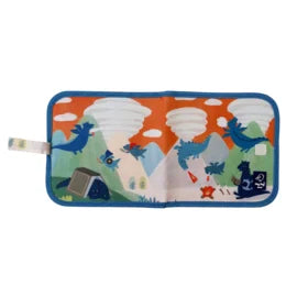 O livro de ardósia Jaq Jaq Bird "Dragões" fechado, mostrando a capa com ilustrações temáticas de dragões em cores vibrantes. Compacto e portátil.