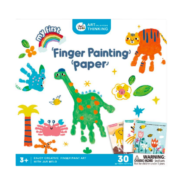 Embalagem do kit de pintura com os dedos 'My First Finger Painting Paper' da Jar Melo, mostrando exemplos de desenhos coloridos feitos com mãos e dedos, como um dinossauro e um tigre.