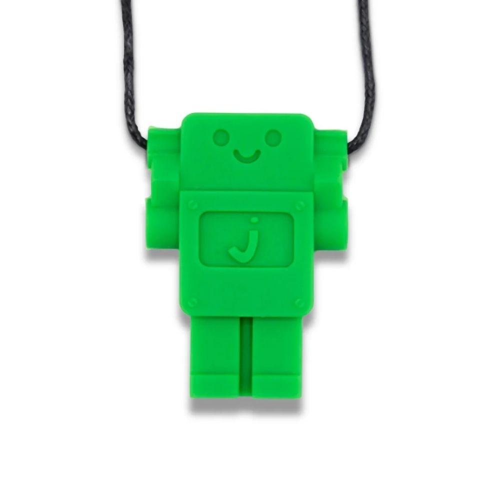Colar mordedor Jellystone em forma de robô verde brilhante, com um sorriso gravado e a letra 'J', para crianças +3 anos.