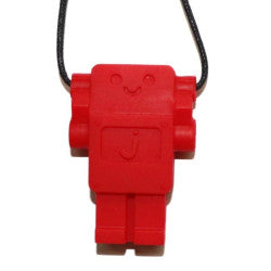 Colar mordedor Jellystone em forma de robô vermelho, com fecho de segurança e cordão preto, ideal para mastigação sensorial.