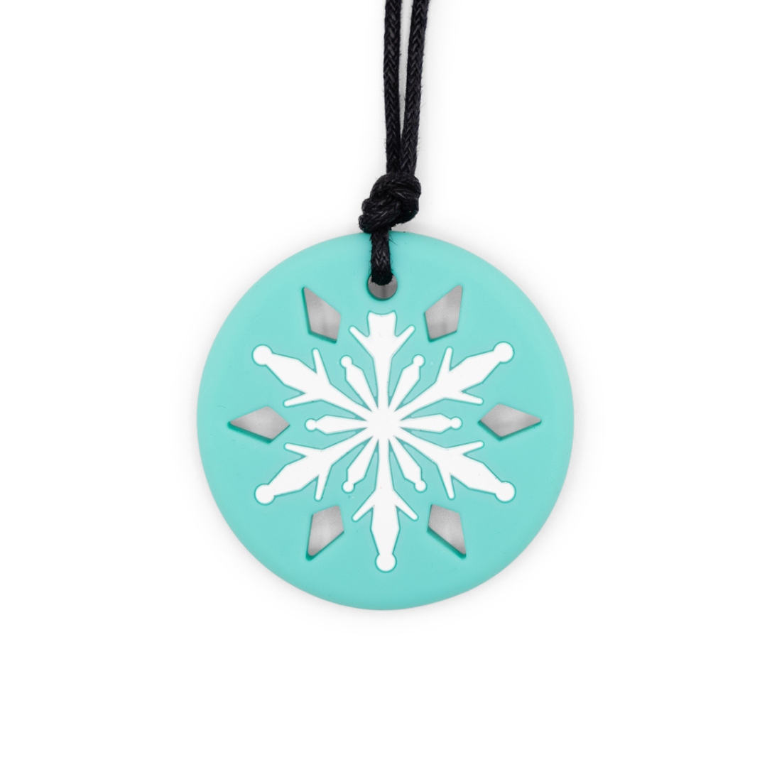 Colar mordedor sensorial Jellystone em silicone branco com formato de floco de neve
