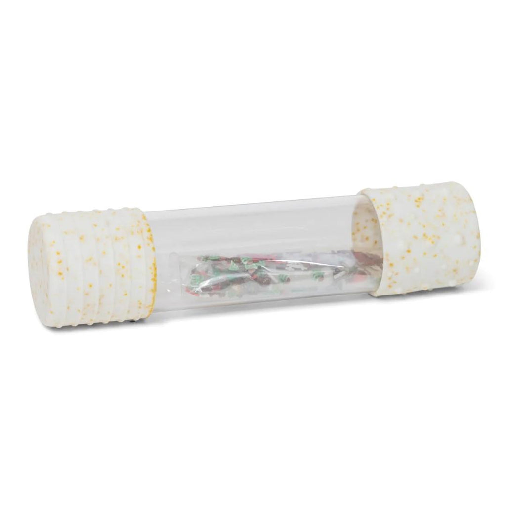 Garrafa sensorial Jellystone DIY com tampas de silicone brancas salpicadas, contendo elementos temáticos de dinossauro para criar a garrafa da calma.