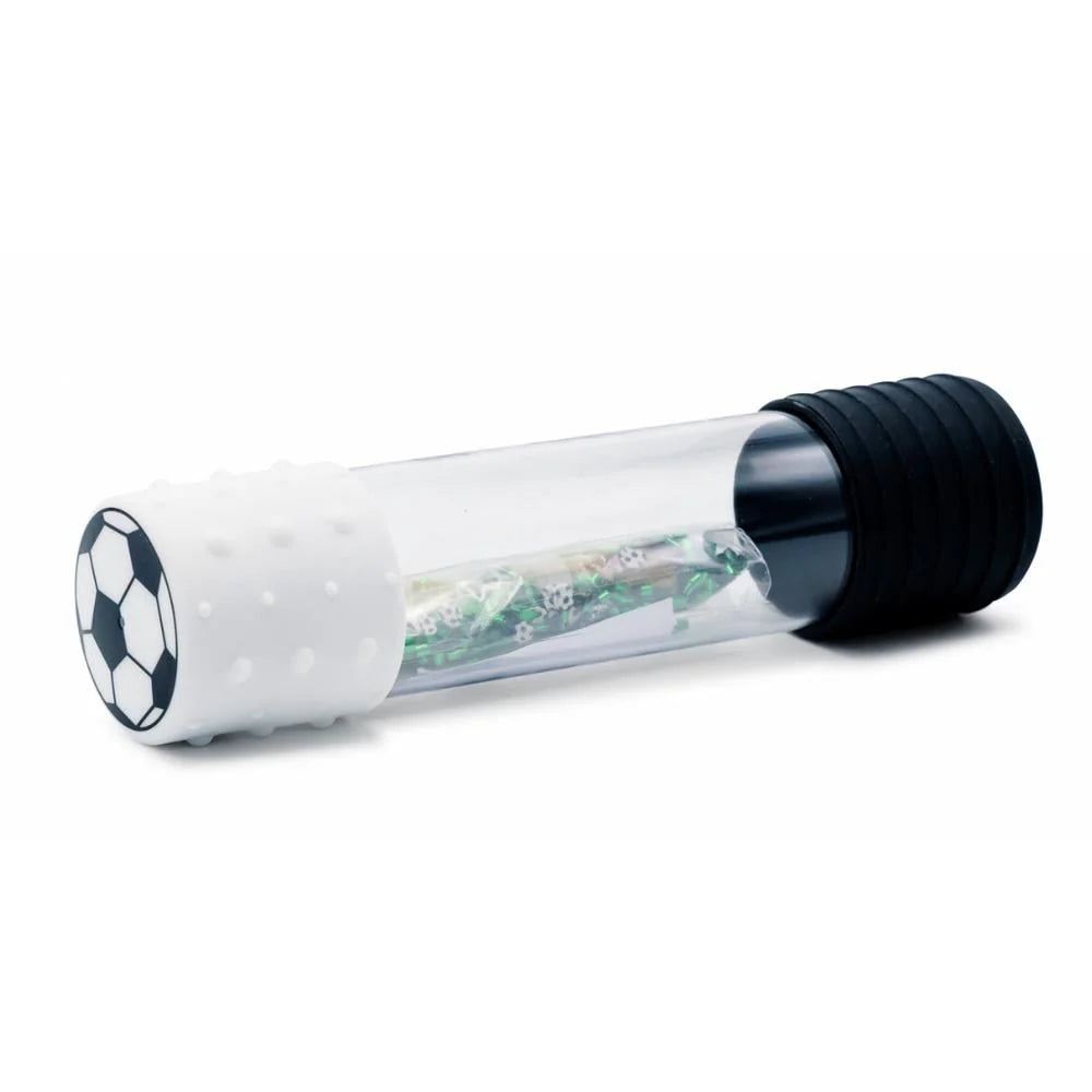 Garrafa da Calma DIY Futebol Jellystone, com tampa de bola branca e elementos verdes para montar a experiência sensorial.