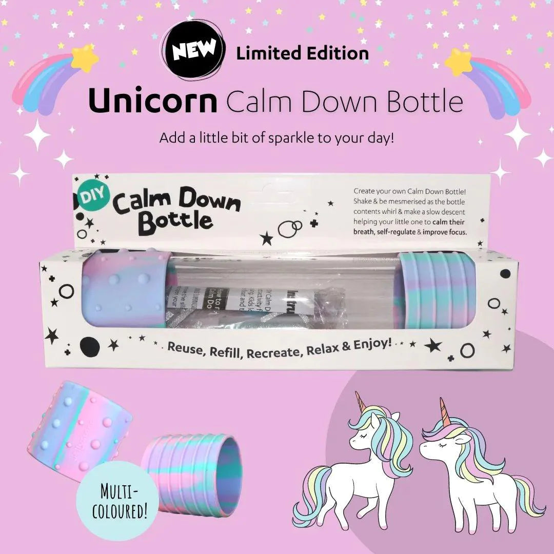 Embalagem da Edição Limitada "Unicorn Calm Down Bottle" da Jellystone, mostrando o kit DIY e as decorações de unicórnios.