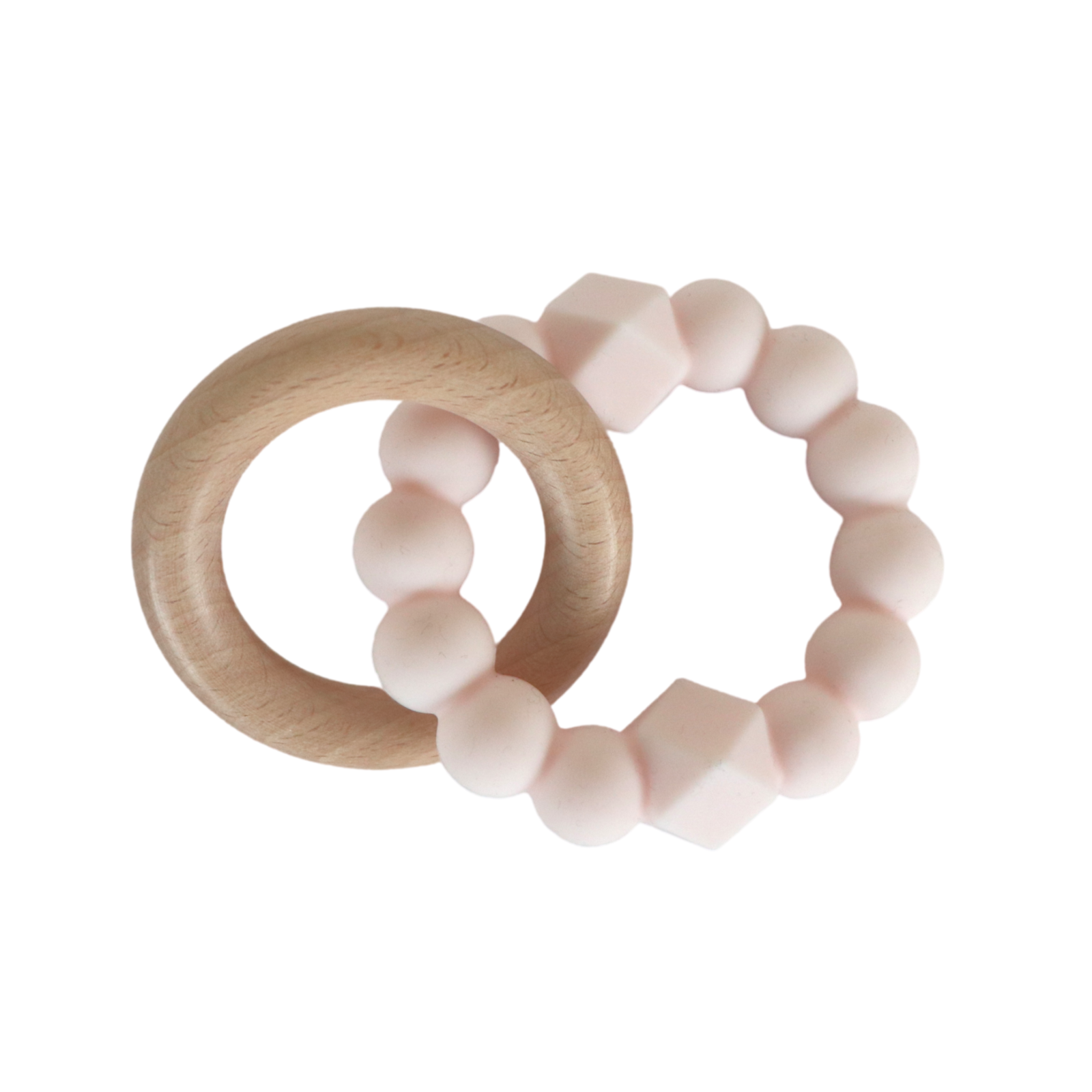 Jellystone Mordedor Moon Blush Pink, vista de cima mostrando anel de madeira e anel de silicone texturizado rosa.