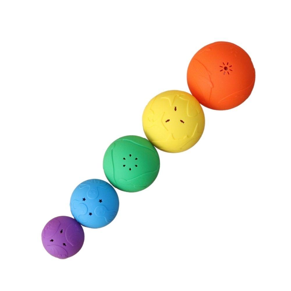 Os 5 copos Jellystone Pirâmide virados ao contrário e alinhados, parecendo bolas texturizadas.